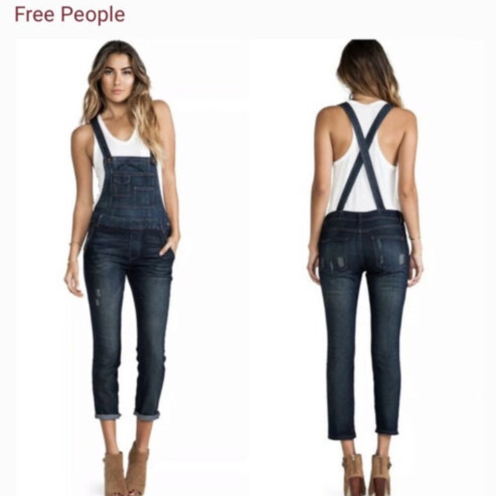 Free People Washed Denim Skinny Leg Overalls 25